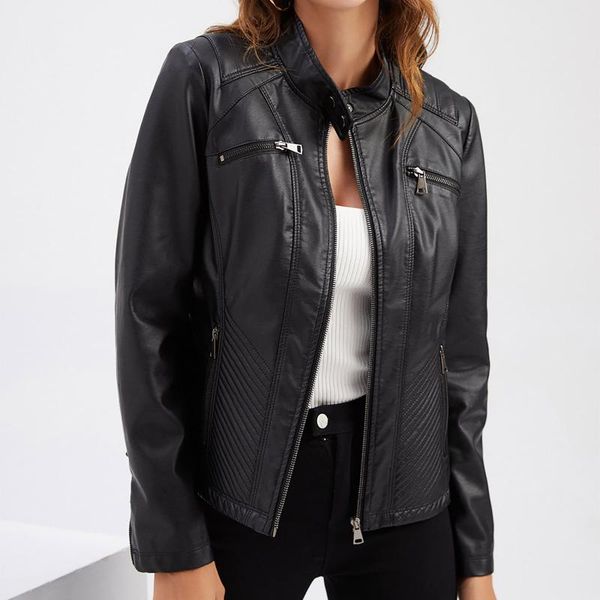 

women's jackets slim leather stand collar zip motorcycle suit belt coat jacket female women 2021 luxury, Black;brown