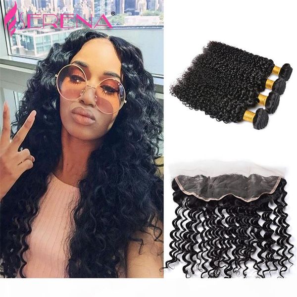 

13*4 ear to ear lace frontal closure with 4 bundles kinky curly with closure 8a peruvian curly hair with frontal lace closure, Black;brown