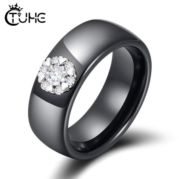 

wedding rings 8mm white black ceramic plus cubic zirconia for women heart crystal real ring engagement jewelry, Slivery;golden