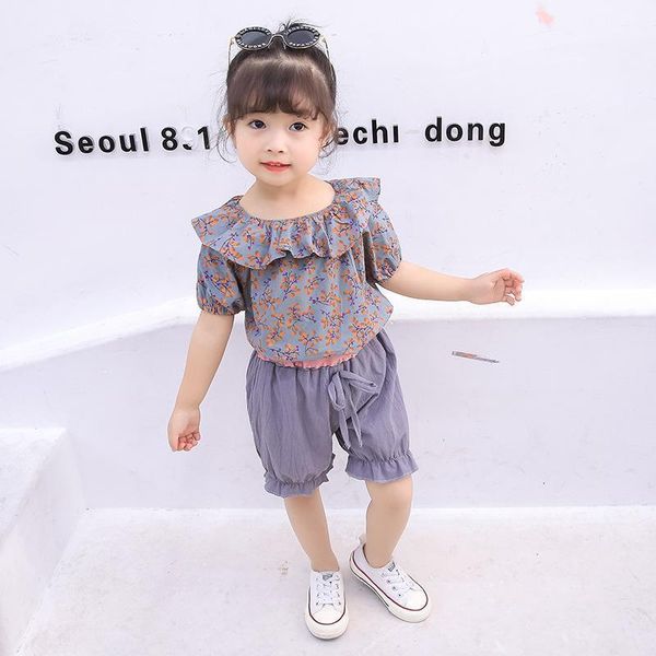 

girls' clothing set summer floral blouse + five-point pants 2-piece children's 1-4 years olde sets, White