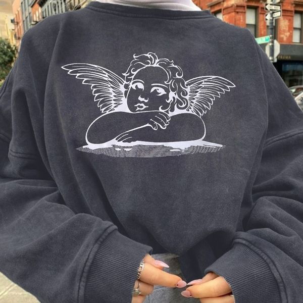 

2021 new vintage stylish angle print pattern hoodies women autumn winter casual loose drop-shoulder fashion luxury sweatshirts icl6, Black