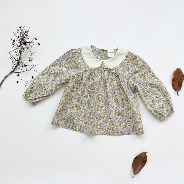Симпатичные оборки воротник рубашка для девочек стиль 1-7Y цветок с длинным рукавом детская блузка девушка малыш детская одежда 210429