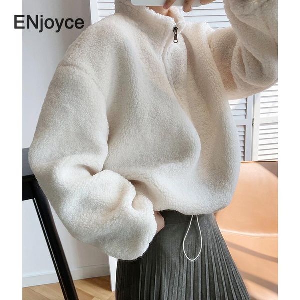 

women's hoodies & sweatshirts women autumn winter faux lambs wool pullover sweatshirt cropped korean loose style thick fluff sweat hoo, Black