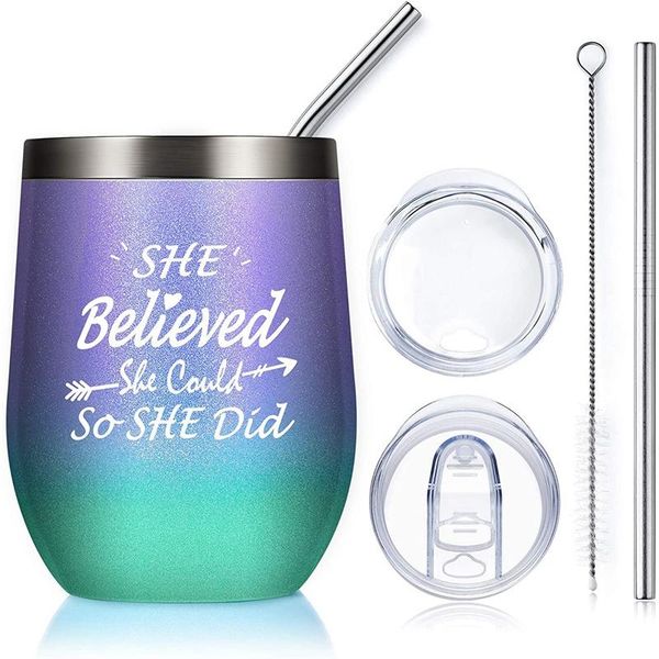 

water bottles 12 oz wine tumbler,graduation gifts for her,she believed she could so did,funny birthday inspirational