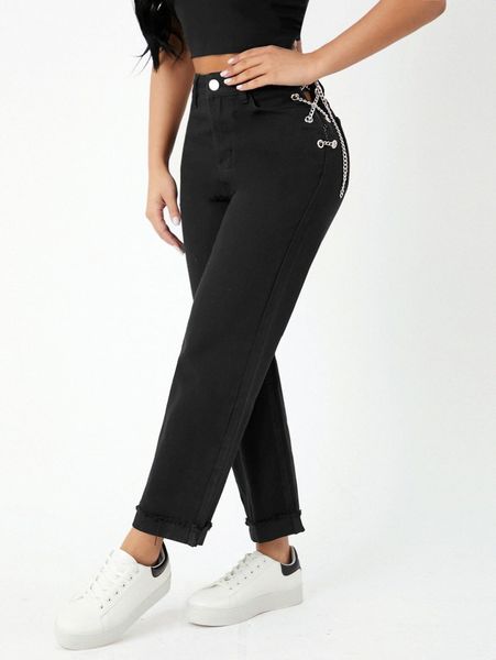 

petite chain lace up side straight jeans y89a#, Blue