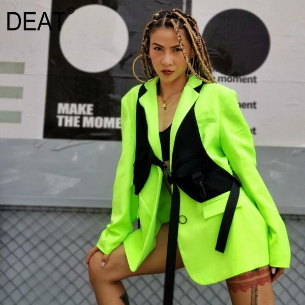 

women's suits & blazers [deat] v-neck collar fluorescent green bright color suit long coat women black vest loose korean fashion 2021 s, White;black
