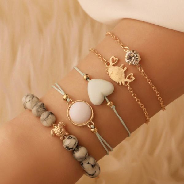 

link, chain european and american fashion personality beach style lady alloy crab tortoise love beaded 5 piece set female bracelet for women, Black