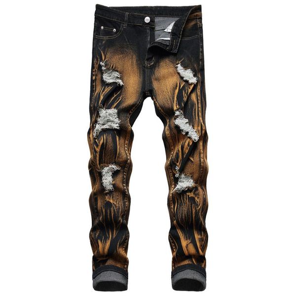 

2021 men's autumn new slim stretch trousers ripped color matching casual jeans, Blue