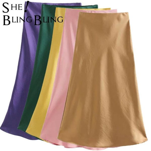 

skirts sheblingbling elegant smooth satin midi long skirt summer fashion a-line swing high waist women casual mid-calf female, Black