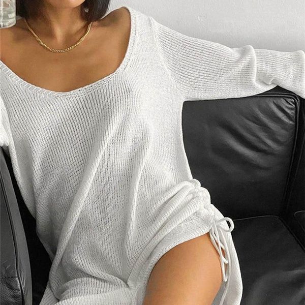 

casual dresses backless knitted sweater dress women autumn u-neck long sleeve vestido de mujer drawstring lace up mini vestidos, Black;gray