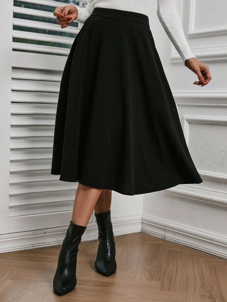 

solid high waist flared skirt y0uo#, Black