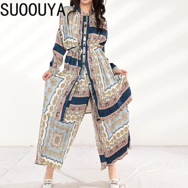 

women's two piece pants [suoouya] women fashion wide leg pattern printed big sizetwo suit stand collar long sleeve spring autumn 2021, White
