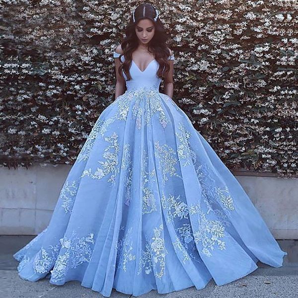 

other wedding dresses v-neck customize ball gown sleeveless off-the-shoulder appliques tulle sweep train blue bridal, White