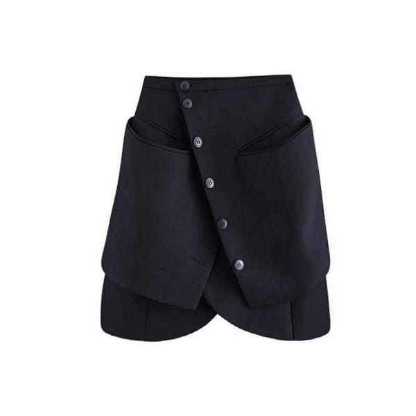 

spring summer fake two-piece pocket solid all match patchwork a line split skirt women 210615, Black
