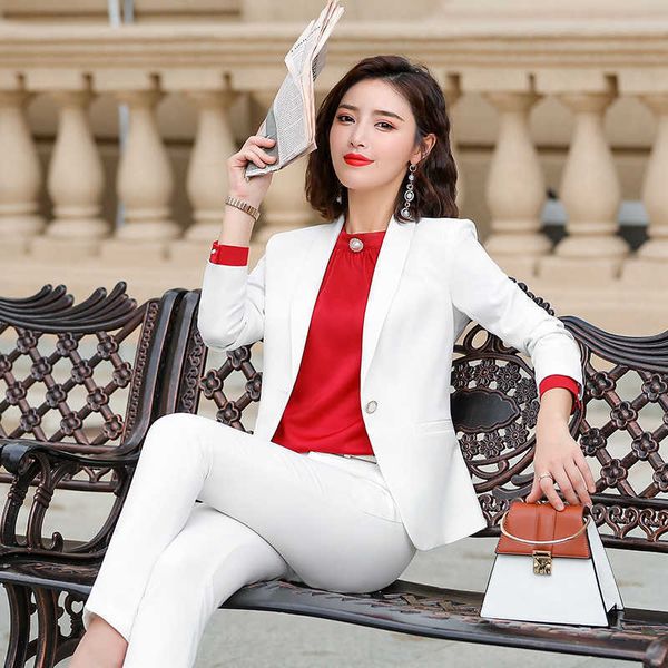 Hohe Qualität Damen Business Weißer Anzug Set Herbst Casual Langarm One Button Blazer Weibliche Hosen Bürojacke S-4XL 210527