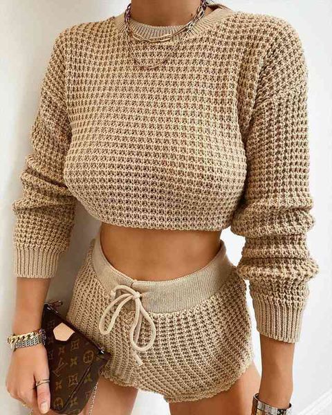 

women hollow out tracksuit fashion long sleeve crop drawstring shorts 2pcs set streetwear woman clothes, Gray