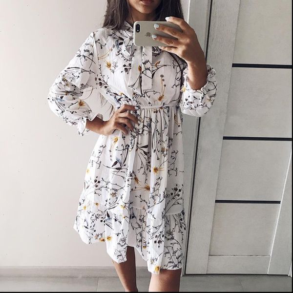 

2021 autumn women dress for female long sleeve chiffon shirt dress a line midi winter dress white bow floral vestidos vintage, Black;gray