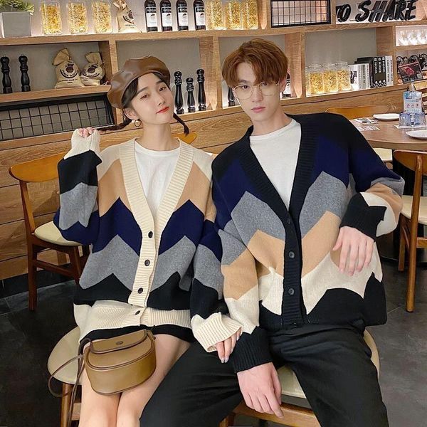 

men's sweaters autumn and winter korean cardigan sweater couple's t-shirt design sense splicing contrast color loose trend coat, White;black