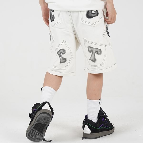 

men's shorts hip hop letter print straight retro summer jeans for men ripped washed oversize casual denim five point pants zwsr, White;black