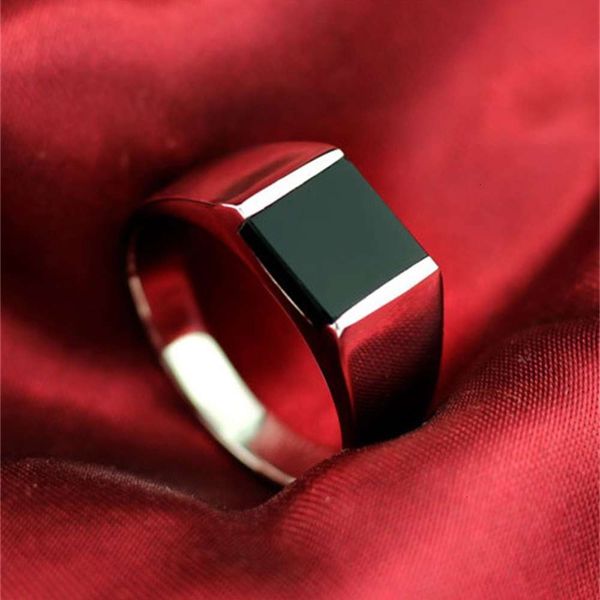 

black agate transfer titanium steel ring fashion personality trendy men's lettering jewelry, Silver