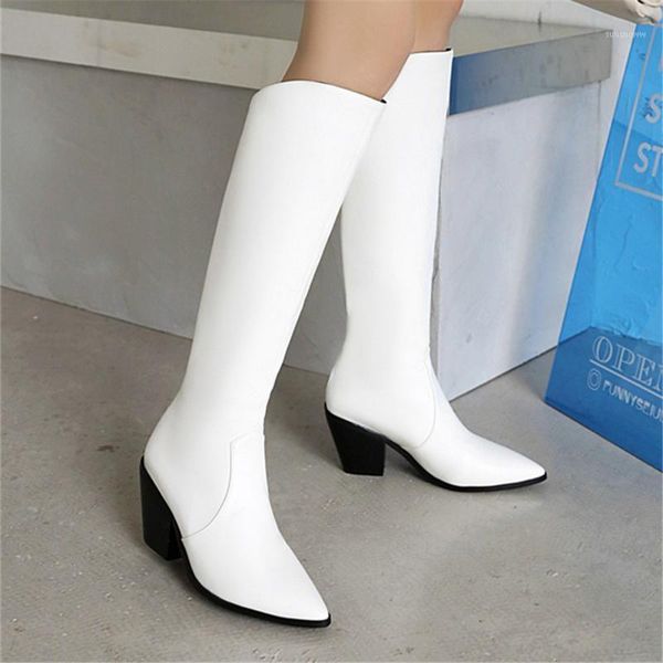 

boots faux leather autumn women knee high thick heel zip pointed toe long fashion cool party winter shoes women34-43, Black