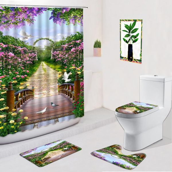 

shower curtains garden flower curtain nature scenery arch bridge bathroom decor non-slip flannel carpet toilet cover pad doormat bath mat