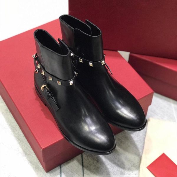 

boots shoes women winter ankle rivet genuine leather low heels round toe buckle zapatos de mujer, Black