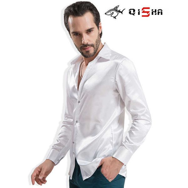 Camicia di abbigliamento di lusso Men Brand Satin Silk Shirt da sposa Set Set Party Bridegroom Abito lucido Plain White Smoking Shirt per uomo 210609