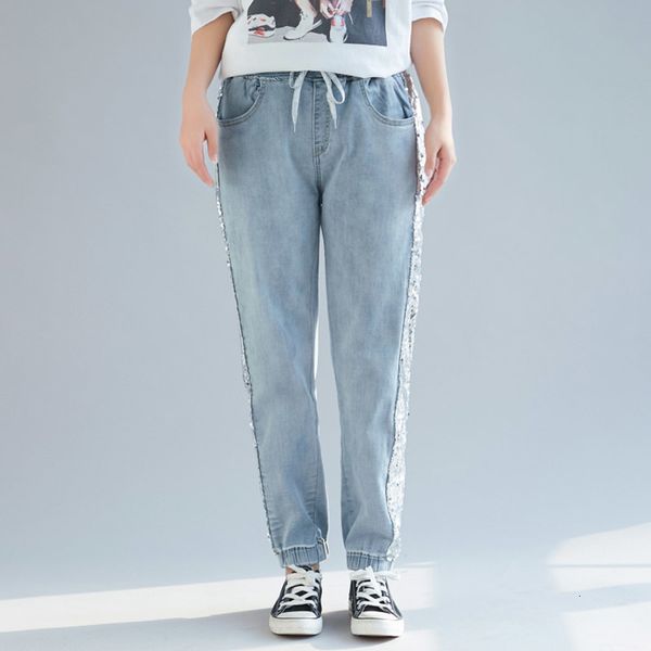 

2021 new spring summer women sequined beam feet plus size harem elastic waist jeans female loose casual pants hz2r, Blue