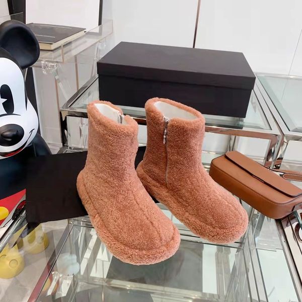 

lastest autum winter women short ankle boots luxury designer pure color fluffy furry zipper flat warm snow booties fashion outdoor ladies pl, Black