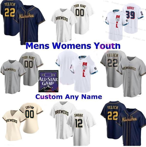 

men women youth brewers 2021 all-star game 22 christian yelich jersey robin yount baseball jerseys brandon woodruff justin smoak eric keston, Blue;black