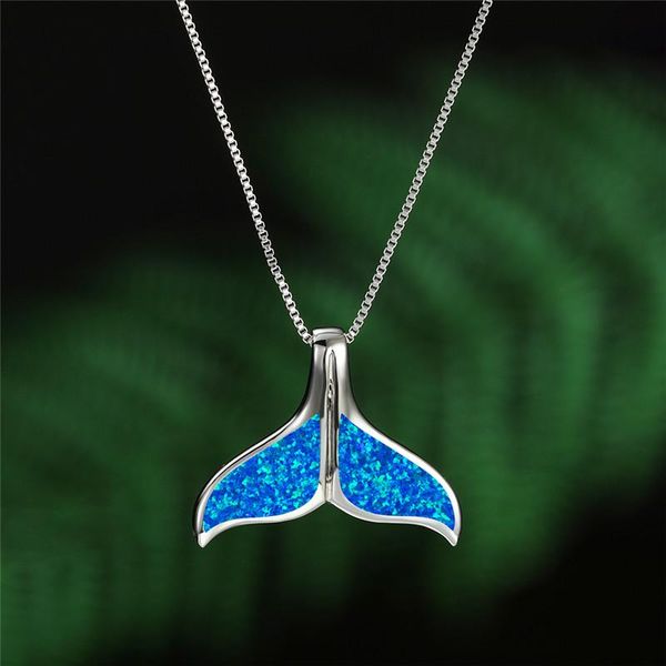 

pendant necklaces classic silver color chain necklace fashion fish tail long wedding vintage female blue opal for women
