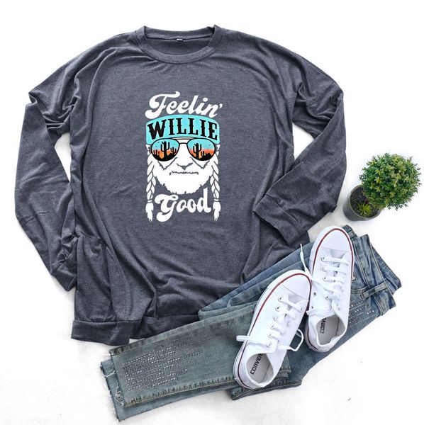 

tees t-shirt autumn women's sweater feelin willie good loose round neck long sleeve t-shirt, White
