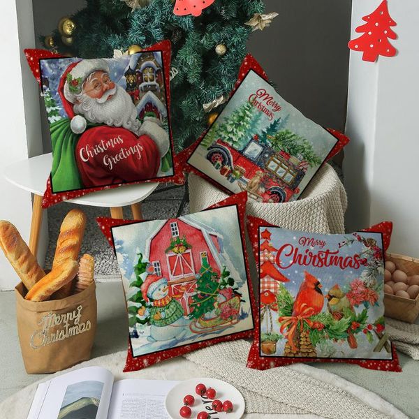

cushion/decorative pillow 2021 red watercolor christmas with flax printed holiday cartoon for home use cover