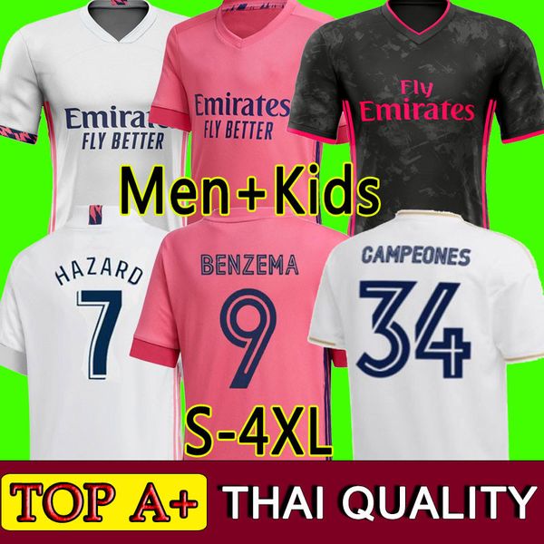 

real madrid jerseys 20 21 hazard sergio ramos soccer jersey benzema vinicius camiseta football jersey shirt uniforms men kids kit, Black;yellow