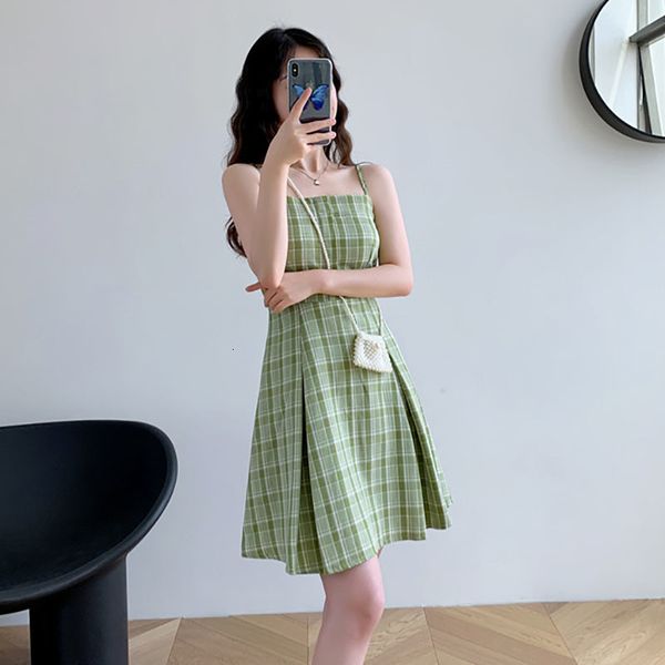 

casual dresses summer women plaid mini spaghetti strap green preppy style a line vintage sweet girls vestidos qm33, Black;gray