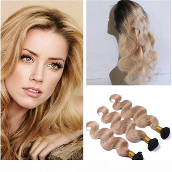 

two tone 1b 27 honey blonde ombre 360 frontal with 3bundles body wave light brown ombre peruvian human hair with full 360 frontal, Black