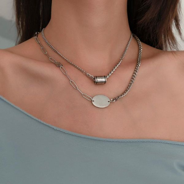 

pendant necklaces ingemark 2pcs/set fashion vintage stainless steel chain necklace punk goth asymmetry oval women choker jewelry, Silver