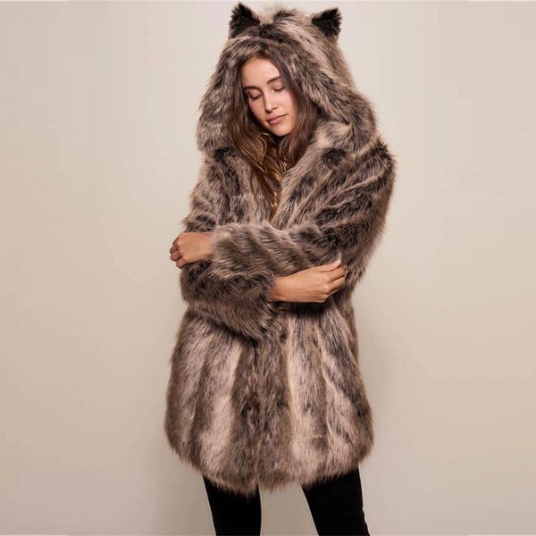 

women's wool & blends woolen coat cute hat leopard fur woollen overcoat collar warm thickened cashmere inner jacket, Black