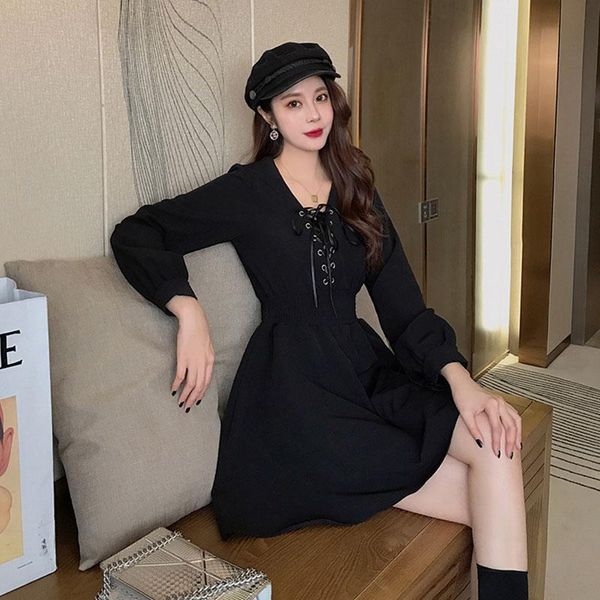 

casual dresses vogue lace up v-neck black party dress women long sleeve elastic high waist a-line slim club wear femme 2021 spring, Black;gray