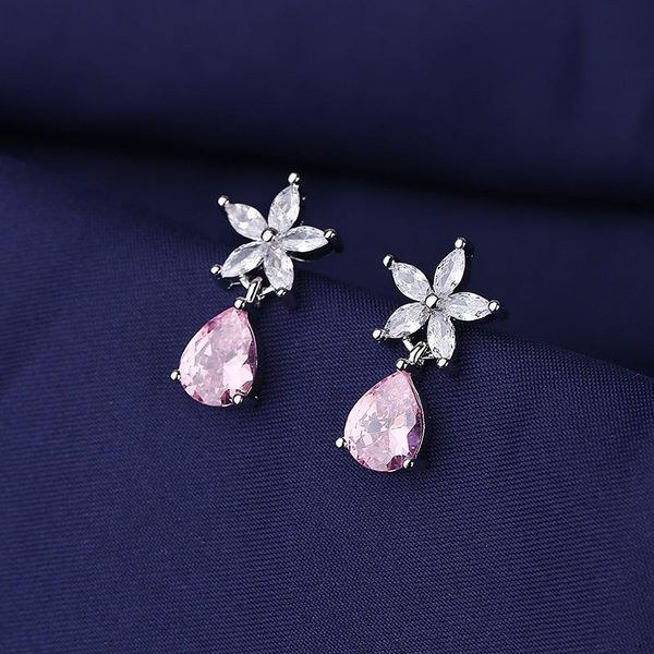 

stud cute romantic flower earrings pink water-drop crystal zircon stone tiny fashion earring piercing jewelry gift for women, Golden;silver