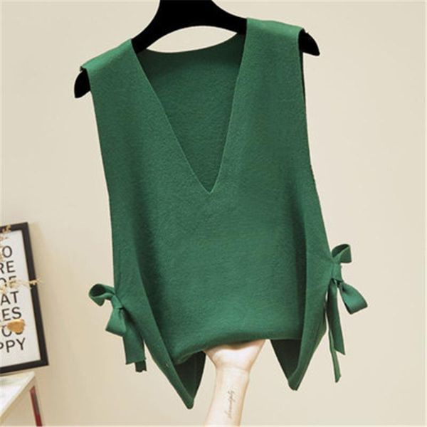 

women's vests 2021 knitted vest for women autumn sleeveless split v-neck lace up loose korean fashion pullover sweater spring zy5236, Black;white