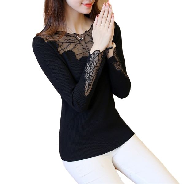 

black lace blouse women long sleeve chemise cute shirts femme vintage autumn winter casual blusas elegantes clothes 210315, White