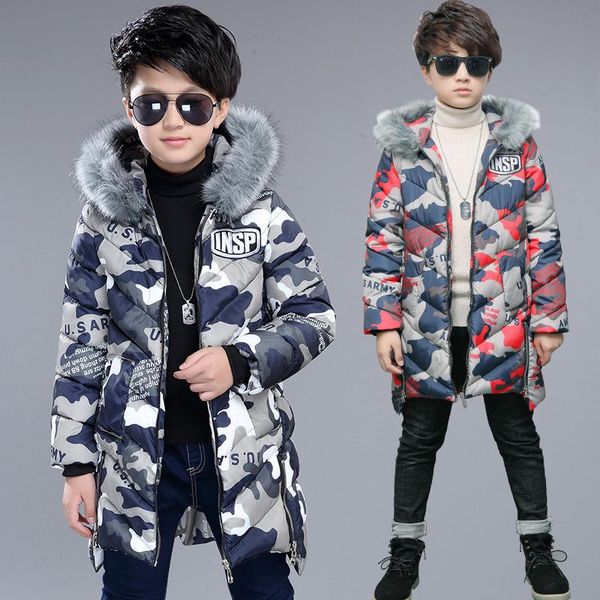 

camouflage winter jacket for boy cotton padded warm jacket teenager boy fur collar hooded long coat tz538, Blue;gray
