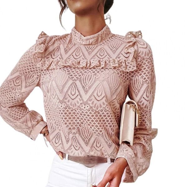 

women elegant blouses hollow out lace long sleeve ruffled blouses shirts autumn mock neck pullover blouses ladies lace top, Gray