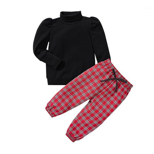 Conjuntos de roupas 1-5 anos meninas primavera outono outfits sólido preto alto colar de mangas compridas pulôver vermelho xadrez crianças conjunto