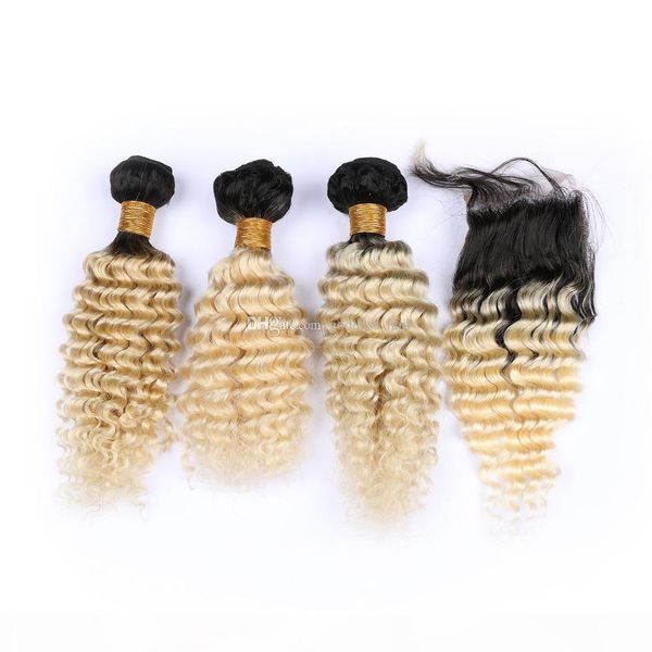 

deep wave brazilian hair 3bundles with closure two tone 1b 613 dark roots ombre blonde human hair weaves with deep curly lace closure, Black