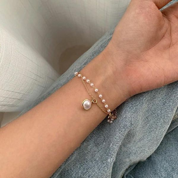 

link, chain women bracelect double-layered pearl pendant bracelet, Black