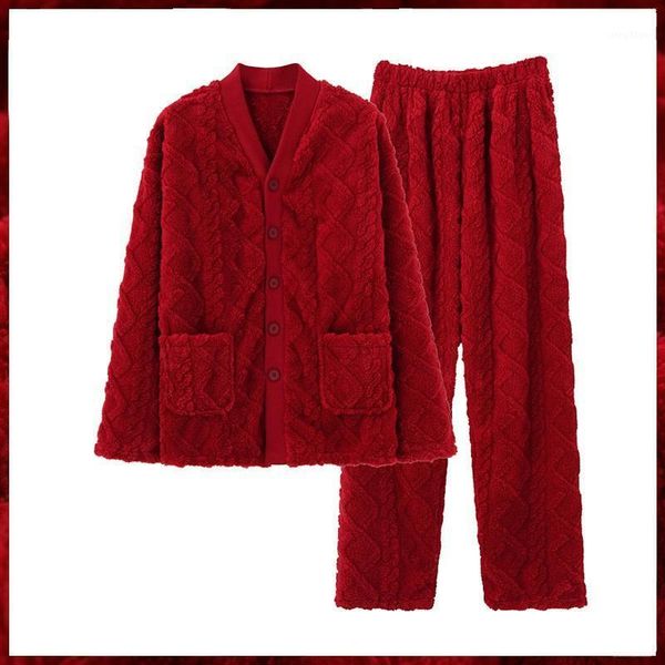 

men's sleepwear winter flannel thicken 2pcs pajamas set loose red year plush home wear casual warm nightwear with pocket, Black;brown