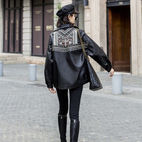 

black faux women fringed rivet punk pu leather jacket locomotive short motorcycle outerwear lady embroidery coats ikpu